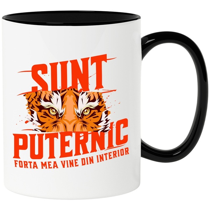 Cana alba personalizata, Ochii Tigru Furios mesaj Motivational Sunt Puternic Forta mea vine Din Interior, cu Maner Negru, INOVATIX®. 330ml