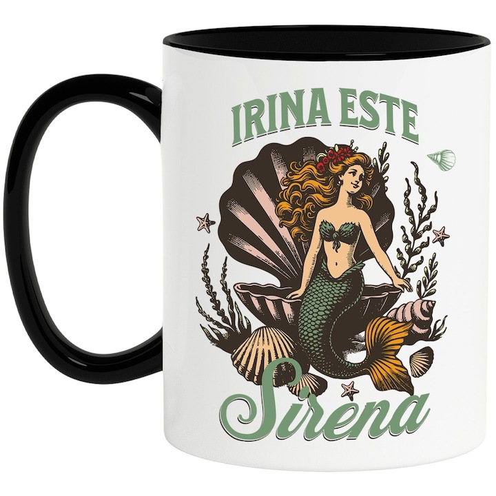 Cana alba personalizata, Sirena In Costum Verde Sub Apa Perla Irina Este Sirena, cu Maner Negru, INOVATIX®. 330ml
