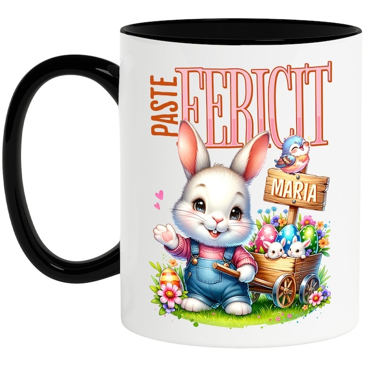 Cana alba personalizata, Iepure Alb Cu Salopeta De Denim Carucior Cu Oua Colorate Pascal Paste Fericit maria, cu Maner Negru, INOVATIX®. 330ml