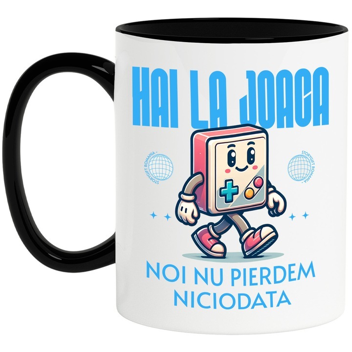 Cana alba personalizata, Maneta De Jocuri Video Vesela Mergand Hai La Joaca Noi Nu Pierdem Niciodata, cu Maner Negru, INOVATIX®. 330ml