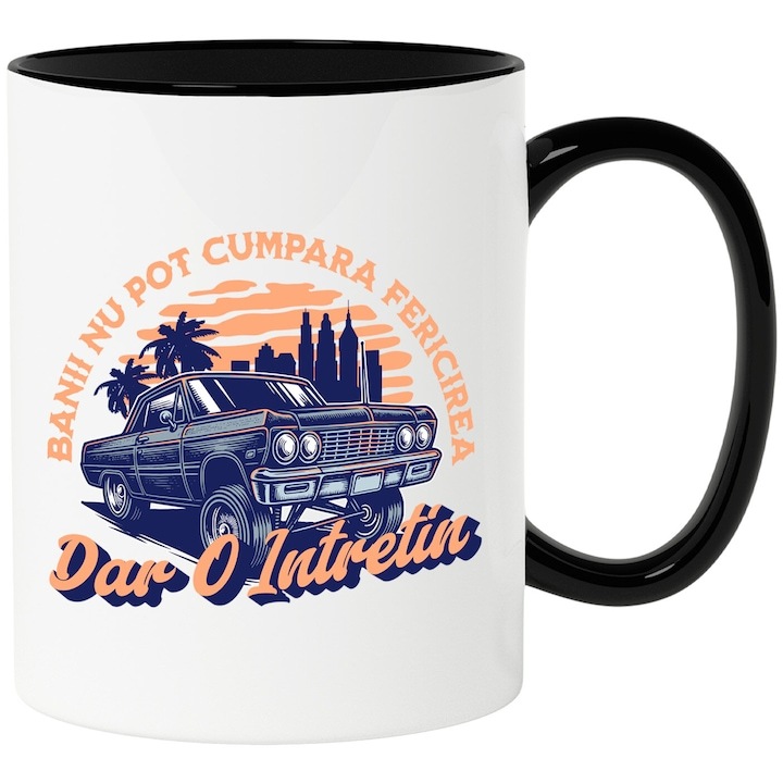 Cana alba personalizata, Masina Vintige In Oras Cladiri Inalte Banii Nu Pot Cumpara Fericirea Dar O Intretin, cu Maner Negru, INOVATIX®. 330ml