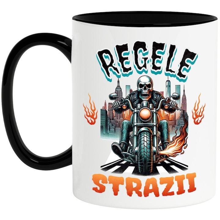 Cana alba personalizata, Schelete Uman Motociclist Cu Tinuta De Piele Flacari Oras Cu Cladiri Inalte Regele Strazii, cu Maner Negru, INOVATIX®. 330ml