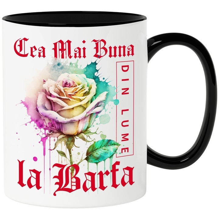 Cana alba personalizata, ul Cea Mai Buna la Barfa, Din Lume, Floare, Trandafir Colorat, Watercolor, Pictura pe Apa, Design, cu Maner Negru, INOVATIX®. 330ml