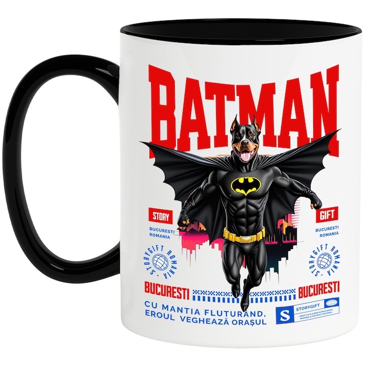 Cana alba personalizata, PITBULL Caine In Costum de BatMan cu Pelerina, Erou Nocturn, Desene animate, Copii, Iubitorii de Animale, cu Maner Negru, INOVATIX®. 330ml