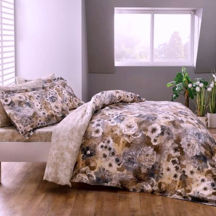 Lenjerie pat dublu cu flori, 100% bumbac satinat, cu imprimeu digital, 6 piese, 240x260 cm, Tac Delux Digital, Avalon