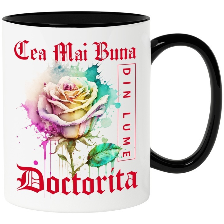 Cana alba personalizata, ul Cea Mai Buna Doctorita, Din Lume, Floare, Trandafir Colorat, Watercolor, Pictura pe Apa, Design, cu Maner Negru, INOVATIX®. 330ml