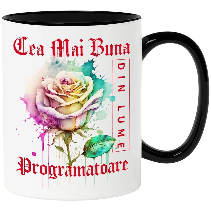Cana alba personalizata, ul Cea Mai Buna Programatoare, Din Lume, Floare, Trandafir Colorat, Watercolor, Pictura pe Apa, Design, cu Maner Negru, INOVATIX®. 330ml