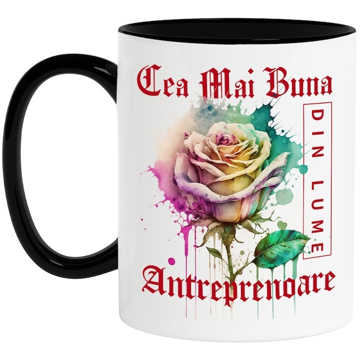 Cana alba personalizata, ul Cea Mai Buna Antreprenoare, Din Lume, Floare, Trandafir Colorat, Watercolor, Pictura pe Apa, Design, cu Maner Negru, INOVATIX®. 330ml