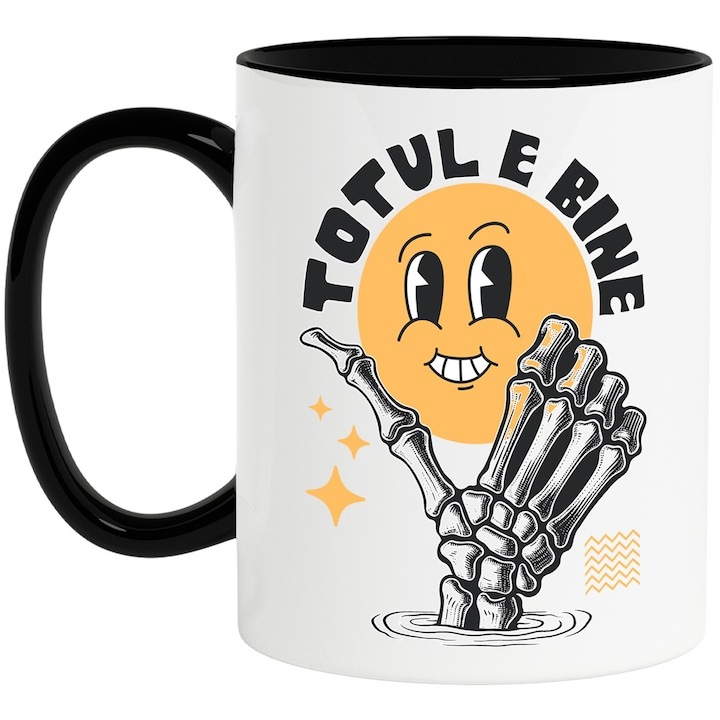 Cana alba personalizata, Smiley Face Vesel Mana Umana Schelete Totul E Bine Mesaj Inspirational, cu Maner Negru, INOVATIX®. 330ml