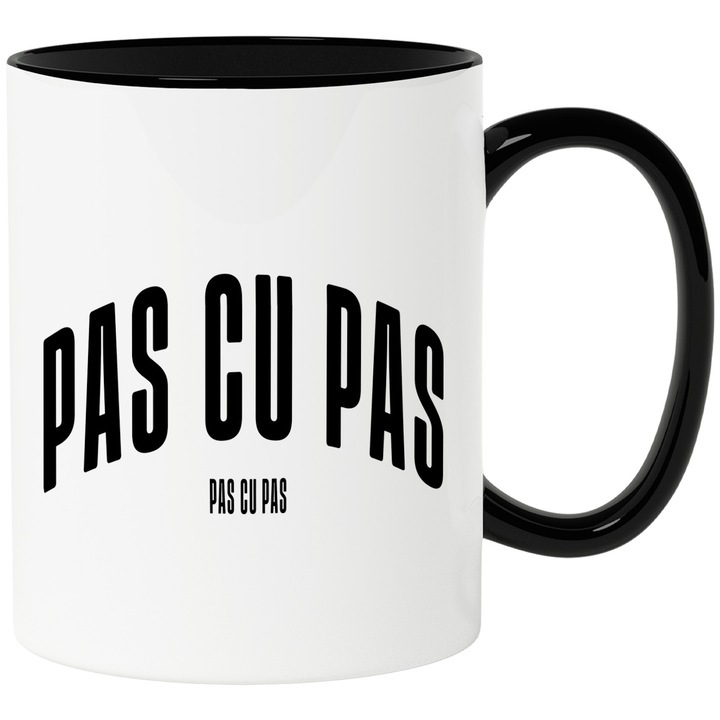 Cana alba personalizata, Cuvantul Pas cu Pas, Motivational, Self Help, Intelegere de Sine, Apreciere, Speranta, cu Maner Negru, INOVATIX®. 330ml