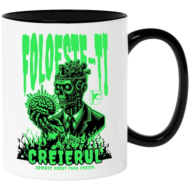 Cana alba personalizata, Foloseste-ti Creierul - Zombie Robot fara Creier, cu Maner Negru, INOVATIX®. 330ml