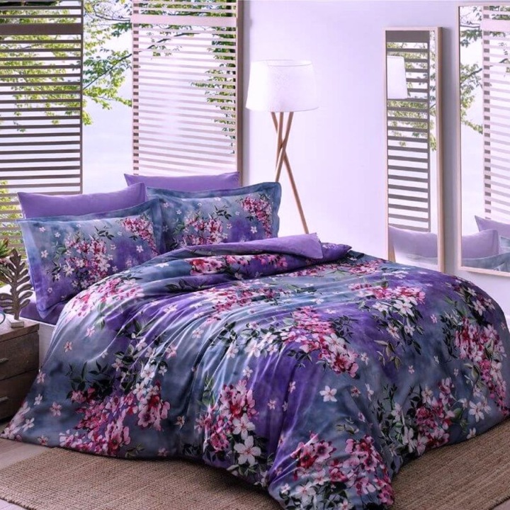 Dupla ágyneműhuzat virágokkal, 100% szatén pamut, digitális nyomtatással, 6 darab, 240x260 cm, Tac Delux Digital, Daphne