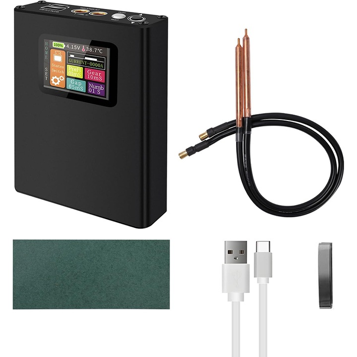 Sudor portabil pentru puncte cu baterie Rqiurpn, 30 niveluri, negru, 2-in-1, Reglarea curentului de sudura, Protectie subtensiune, supracurent, supraincalzire, Aparat de sudura, mini, cu display LCD, pentru baterii 18650, 80x30x122mm