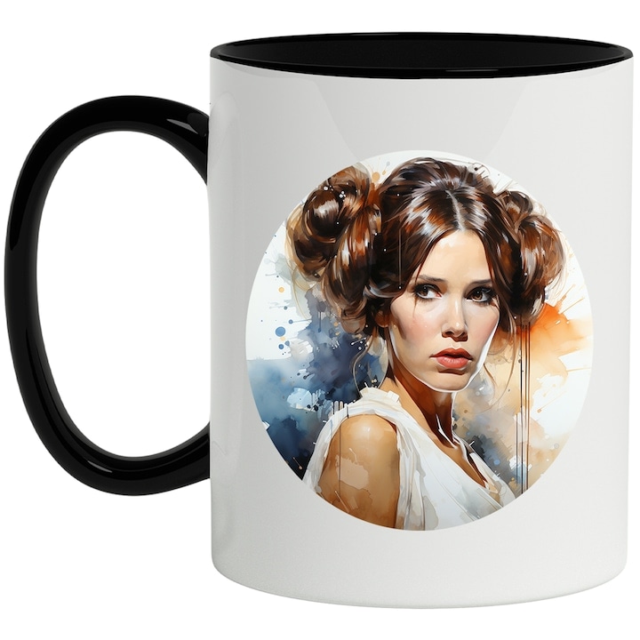 Cana alba personalizata, Printesa Leia, Star Wars, Personaj Fictiv, SF, Jedi, cu Maner Negru, INOVATIX®. 330ml