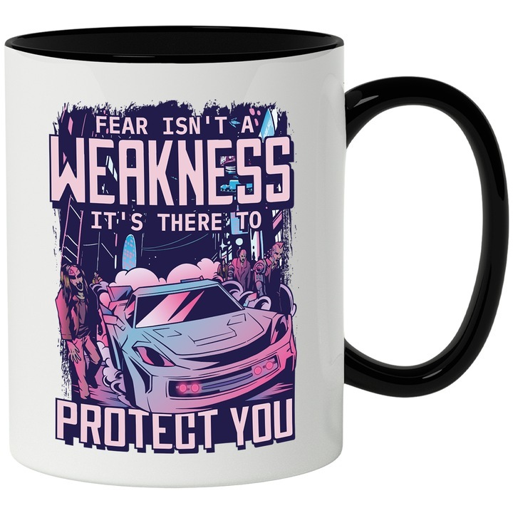 Cana alba personalizata, Mesaj Fear Isn't A Weakness It's There To Protect You, Zombie, cu Maner Negru, INOVATIX®. 330ml