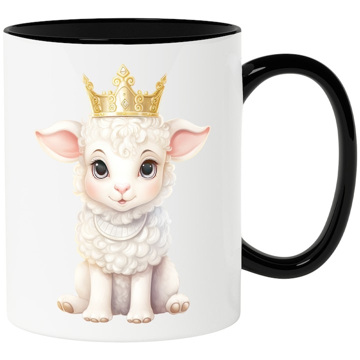 Cana alba personalizata, un miel care poarta o coroana regala, ilustratie, importanta, nobilime, aur, regalitate, de rang inalt, cu Maner Negru, INOVATIX®. 330ml