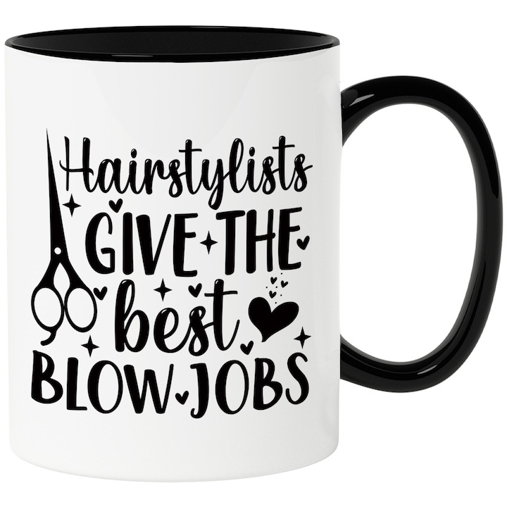 Cana alba personalizata, ul Coafezele sufla cel mai bine parul cu fohn-ul cu Maner Negru, INOVATIX®. 330ml