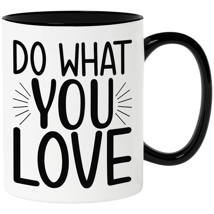 Cana alba personalizata, mesaj care te incurajeaza sa faci ceea ce iubesti cu Maner Negru, INOVATIX®. 330ml