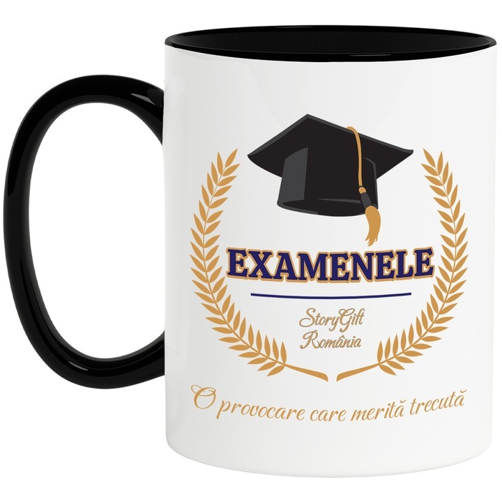 Személyre szabott fehér bögre, Vizsgák - Egy kihívás, ami megéri a sikeres diploma megszerzését, fekete fogantyúval, INOVATIX®. 330ml