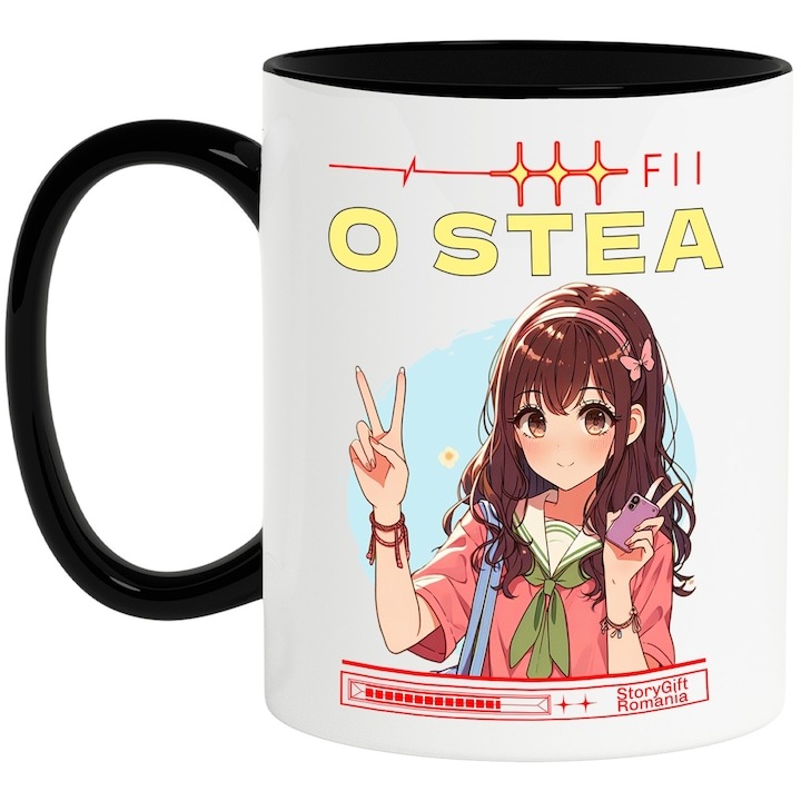 Cana alba personalizata, Fii o stea fata anime, semnul pace motivational, cu Maner Negru, INOVATIX®. 330ml