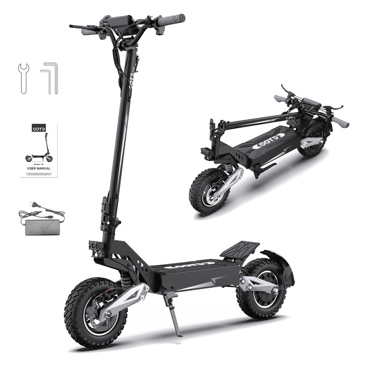 Електрическа тротинетка OOTD T10, 900 W мотор, макс. скорост 50 км/ч, пробег 45 км, 11" колела, черна, размери 126x66.5x134 см