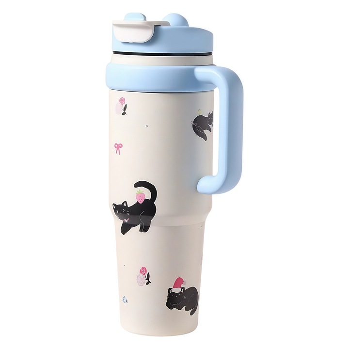 Termos 1000ml din otel inoxidabil cu capac special, model albastru de pisoi si pai