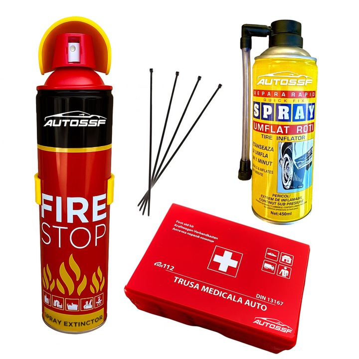 Kit Siguranta Auto cu Trusa de prim ajutor + Stingator spray 1000 ml cu suport, AutoSSF ®, valabilitate 5 ANI + Spray umflat roti + 4 fasete
