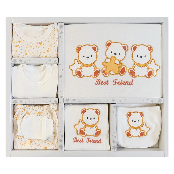 Set maternitate Nou-nascuti/Bebelusi, PETINO cu broderie model "Best Friend", 10 piese, 100% Bumbac antialergic, 0-4 luni, Alb/Galben