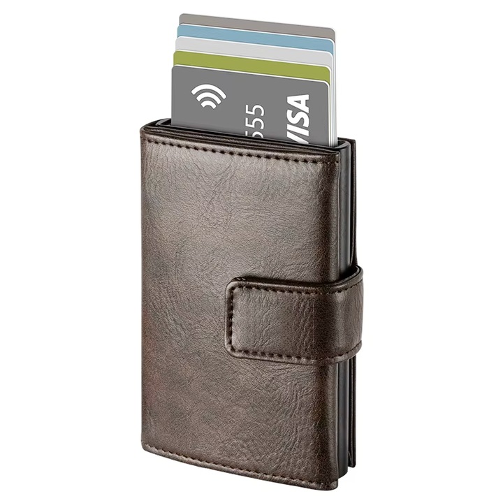 Portofel SMART WALLET din Piele Naturala cu Protectie RFID si Mecanism Automat Pop-Up ESPRESSO