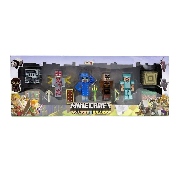 Figurakészlet, Minecraft Falu és Fosztogatás, Kiegészítőkkel – 4 karakter