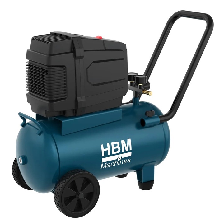 Olajmentes halk kompresszor, HBM Machines, 24 l, 8-10 bar, 140 l/perc, görgökkel, alacsony karbantartási igénnyel