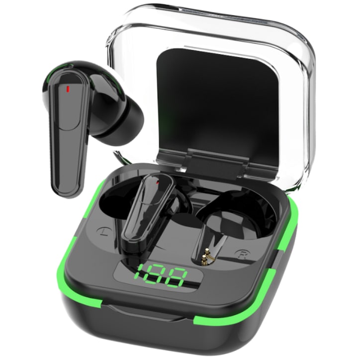 Casti Wireless TWS Plus80, Bluetooth 5.4, LED Touch Screen, ANC+ENC, In-Ear, Autonomie 20h+, IPX5, Type-C, Compatibile iPhone/Samsung/Huawei – Negru