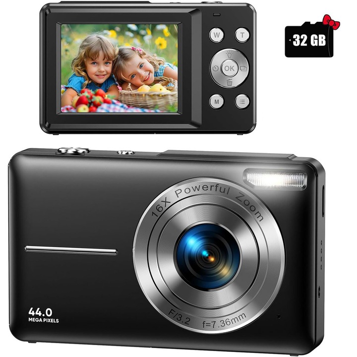 Digitális fényképezőgép gyerekeknek, 44MP-es kamera fiúknak és lányoknak 32 GB-os kártyával, 16x zoommal, derítőfénnyel, bemozdulásgátlóval, FHD 1080P, kis utazókamera, ajándék tinédzsereknek és kezdő gyerekeknek (fekete)