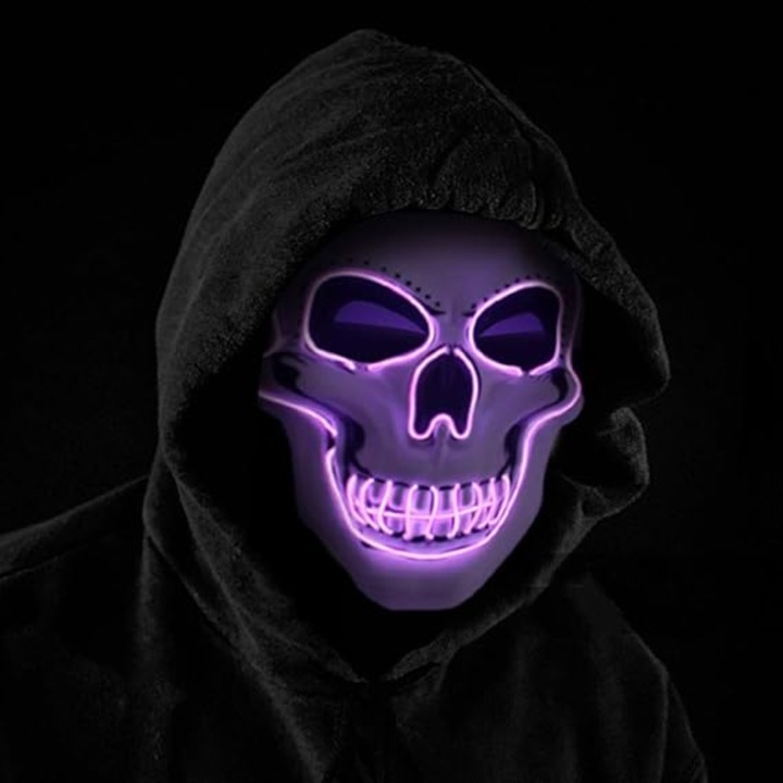 Feicaeesa® Masca Neconventionala LED Halloween - Figurina Luminiscenta Cu Accenturi Violet Intense, Control Buton USB Extern, Dimensiuni 24x16cm