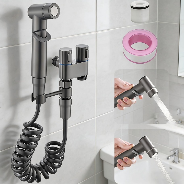 Set dus Pentru Igiena, cu Pulverizator de Apa Din Alama Pentru Toaleta, Economizor de Spatiu cu Control Dual Evacuare cu Unul in Doua Supapa Unghiulara, Gri