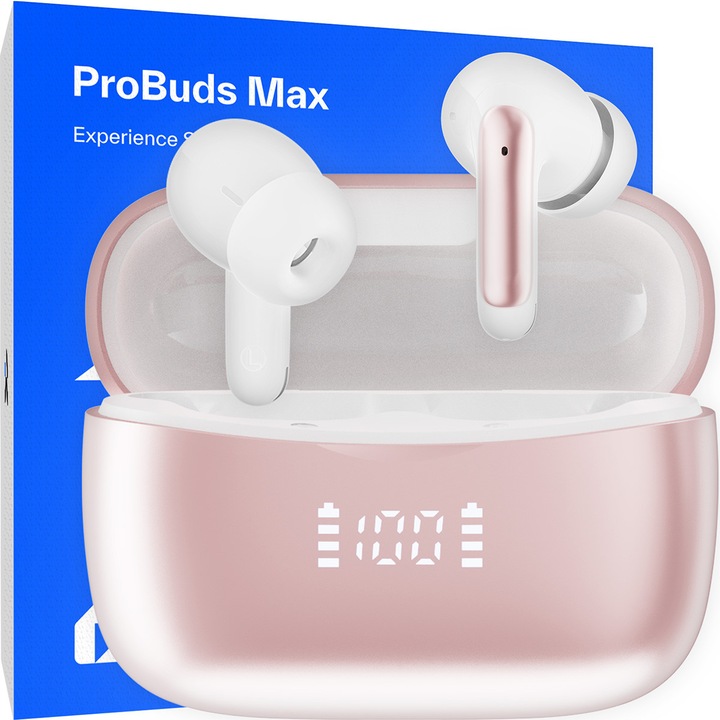 Casti wireless cu noise cancelling, Qualtec by Koppel®, ANC & ENC, Casti Bluetooth 5.4, fara fir, in-ear, audio Hi-Fi, bass intens, microfon dual, handsfree, moduri ANC & Transparency & Gaming, sport, telefon universal, afisaj LED, ProBuds Max, rose gold