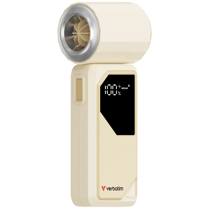 Ventilator portabil Verbatim, LED Display, Acumulator 4000 mAh, cablu USB-A to USB-C, 20000 rpm, Alb