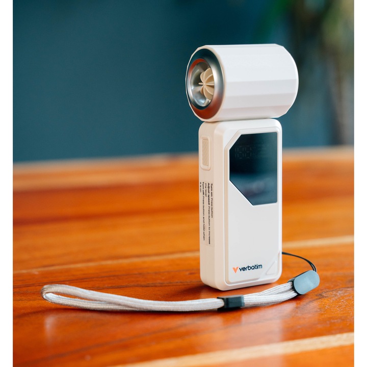 Ventilator portabil Verbatim, LED Display, Acumulator 4000 mAh, cablu USB-A to USB-C, 20000 rpm, Alb