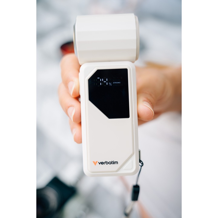 Ventilator portabil Verbatim, LED Display, Acumulator 4000 mAh, cablu USB-A to USB-C, 20000 rpm, Alb