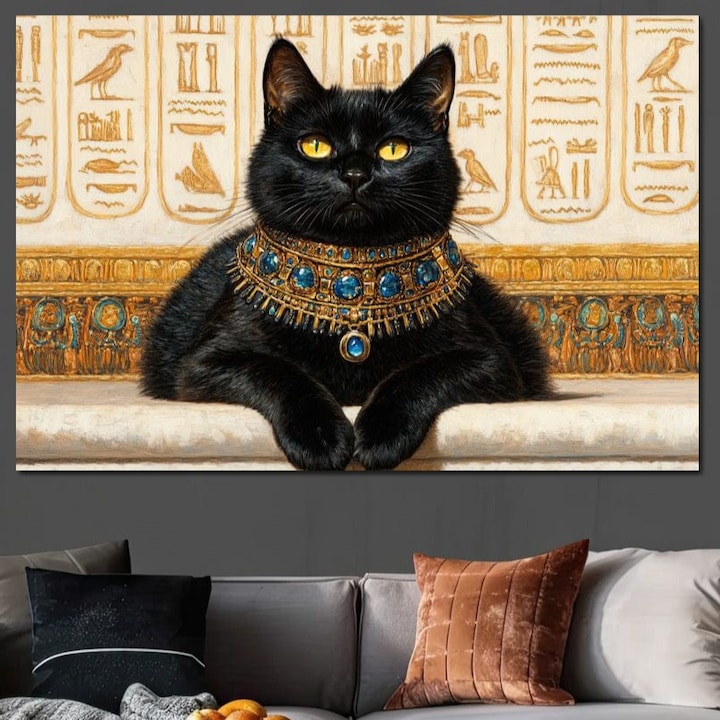 Tablou Canvas Premium, LuxCanva® M1161, Bijuterie Egipteana, 100 X 150 CM, Panza Bumbac 100% 400g/m2, Sasiu Lemn, Zeita, Egipt, Bastet, Pisica, Felina, Animal, Blana, Faraon, Hieroglife, Bijuterie, Templu, Birou, Living, Camera Copil