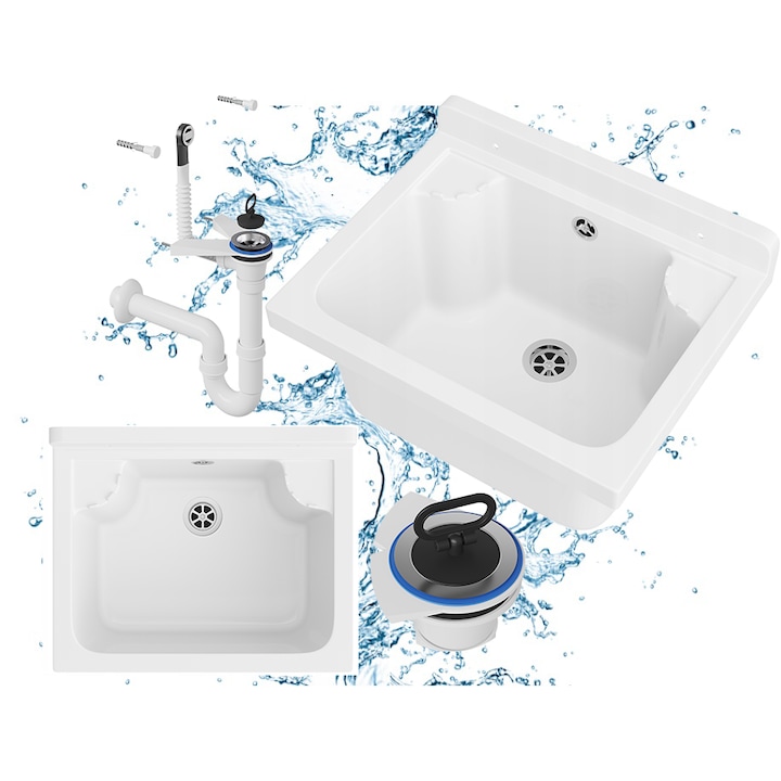 Pachet Chiuveta Gospodareasca Cu Sifon, Granitan, Loma, 42.4x34.3x24.2 cm, Alb, Fabricata Din Polipropilena, Rezistenta La Substante Chimice Si Temperaturi Ridicate, Dar Si In Exterior, Ideala Pentru Garaj, Centrala Termica, Atelier, Spalatorie