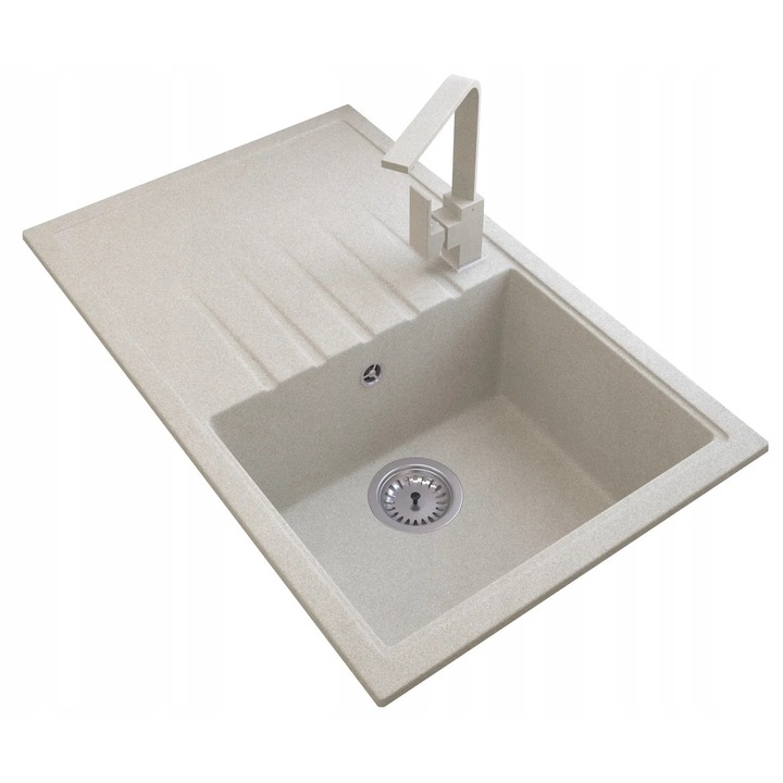 Pachet Complet Chiuveta Granit Eris 785x495x200 mm, Cu Baterie Moderna Teava Patrata, Sifon Manual Economisitor Spatiu, Adancime Cuva 200 mm, Material Compozit Granit Rezistent, Set de Curatare, Multiple Optiuni de Culoare pentru Bucataria