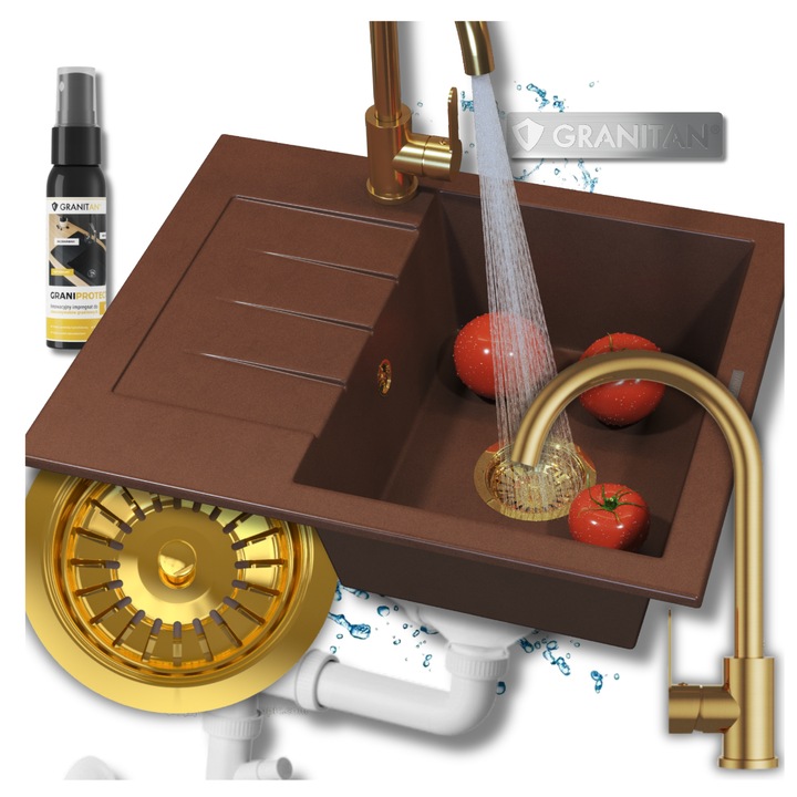 Pachet Chiuveta Granit, O Cuva Cu Baterie Si Sifon, Granitan, Milano, 574x470 mm, Ciocolata, Material Granit, Culoare Brun Cu Particule De Aur, Adancime Cuva 160 mm, Diametru Gauri 35 mm