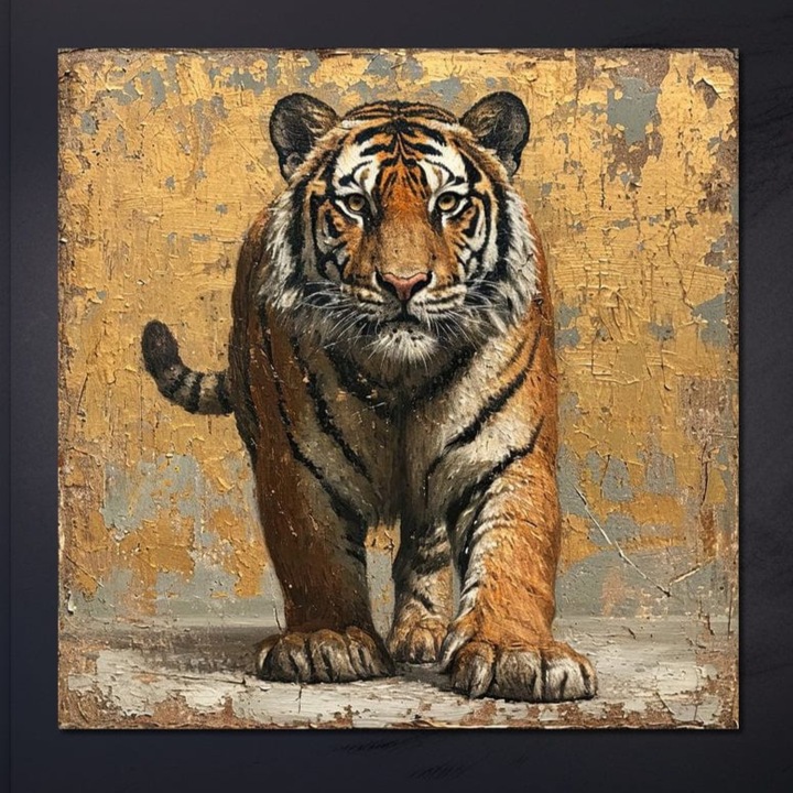 Картина върху платно LuxCanva® M1162, Царството на котките, 90 X 90 см, 100% памучно платно 400 гр/м2, Дървена рамка, Тигър, животно, рустик, котешки, античен, винтидж, минало, слаб, златен, силен, кралски, портрет, текстуриран