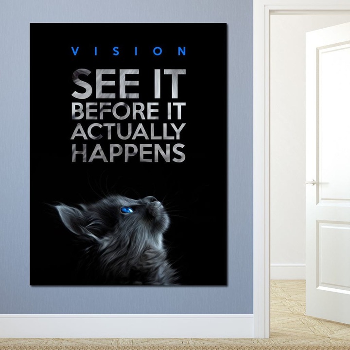 Премиум картина върху платно, LuxCanva® M1164, Поглед към съдбата, 45 X 60 CM, 100% памучно платно 400g/m2, дървена рамка, Мотивационно, Вдъхновение, Котка, Котешки, Съдба, Смелост, Визия, Послание, Модерно, Бъдеще, Животно, Офис, Хол, Детска стая