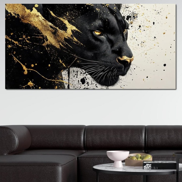 Картина върху платно, LuxCanva® M1165, Злато в сянка, 60 X 120 см, 100% памучно платно 400 г/м2, дървена рамка, пантера, котка, животно, злато, нощ, тъмно, джунгла, черно, картина, дива природа, екзотично, портрет, офис, хол, детска стая