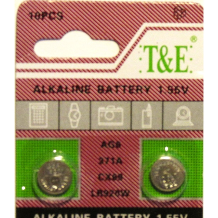 Set 2 baterii alcaline T&E AG6/371A/LR920W, 1.55V, 9.5mm