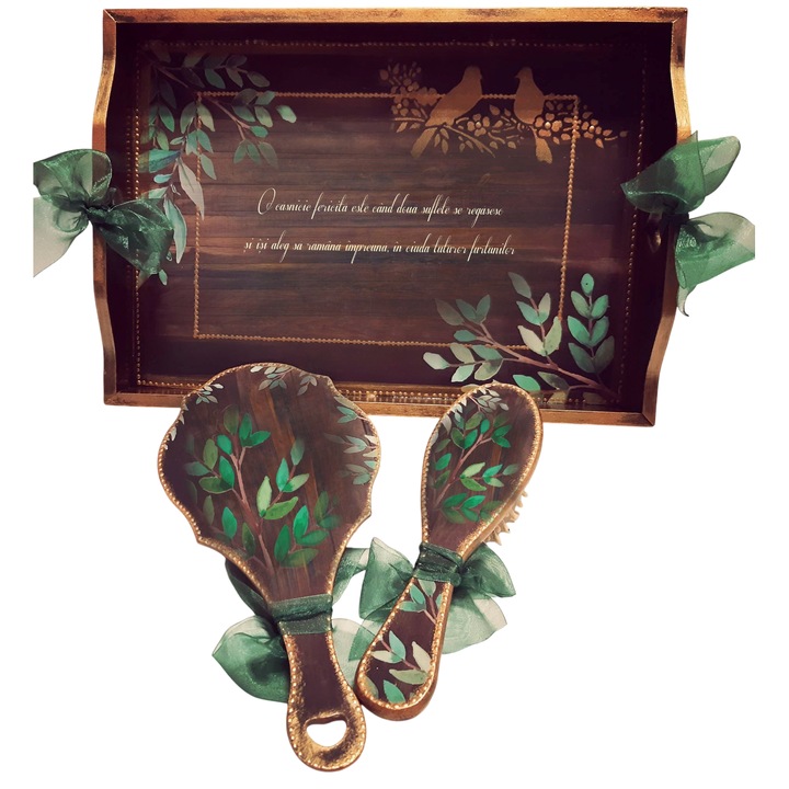 Set Personalizat pentru Gatitul Miresei – Tava, Oglinda si Perie, Decor Rustic, cu Mesaj Romantic
