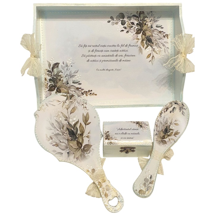 Set Gatitul Miresei – Tava, Oglinda, Perie si cutiuta verighete decorate manual cu frunze, eucalipt si detalii perlate, sidefate