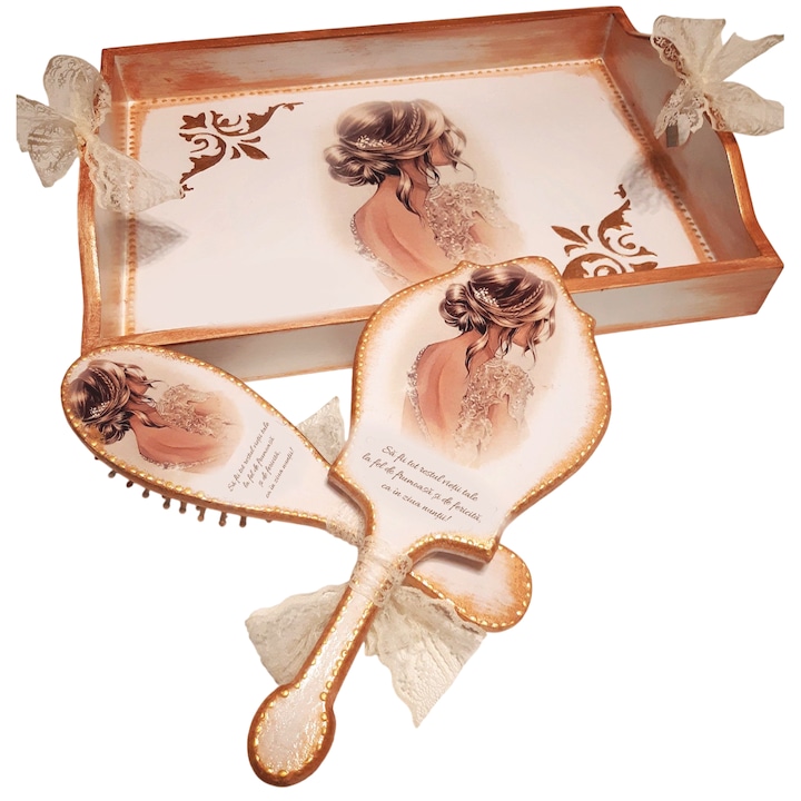 Set Gatitul Miresei Personalizat – Tava, Oglinda si Perie cu Design Elegant si Ilustratie Mireasa